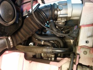 View of left hand side crankcase breather host connecton to throttle body on Aston Martin DB9