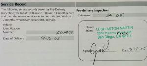 Aston Martin A01906 Pre Delivery Inspection Service Record